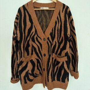 Zara Long Animal Print Knit Cardigan